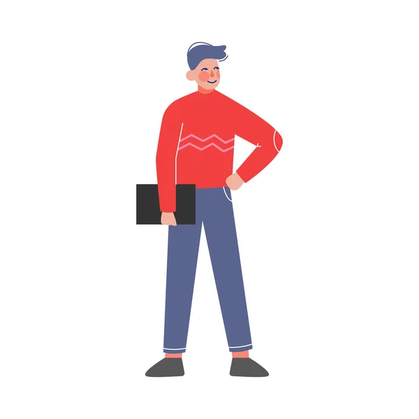 Personnage d'affaires masculin debout avec dossier, illustration vectorielle d'employé de travailleur de bureau — Image vectorielle