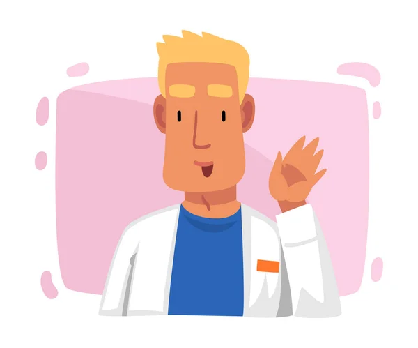 Male Doctor Character in White Robe Waving his Hand, Medical Staff Cartoon Vector Illustration — Stock Vector
