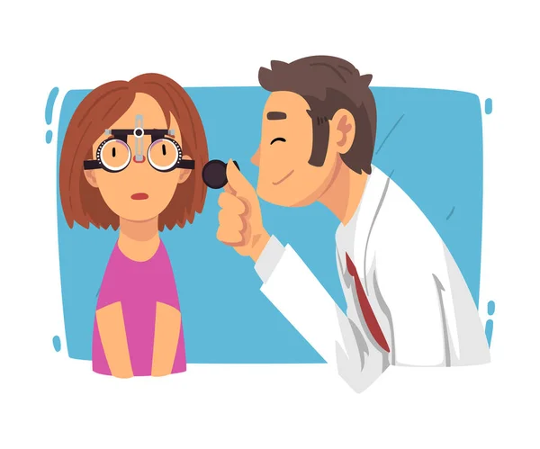 Male Ophthalmologist Doctor Doing Eye Test Procedure, Ophthalmology Diagnostics, Vision Correction, Medical Treatment and Healthcare Cartoon Vector Illustration — Stock Vector