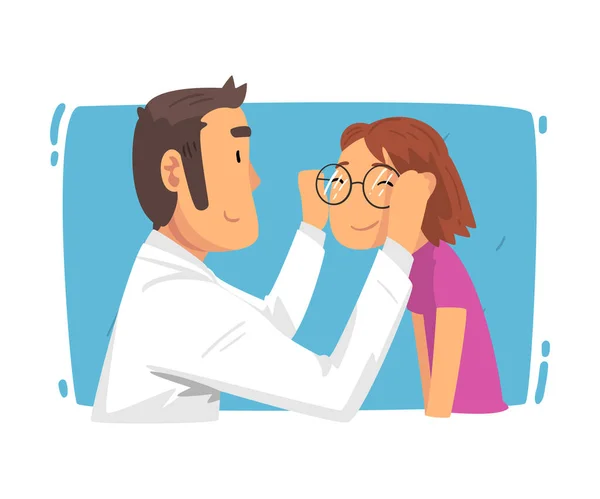 Augenarzt Arzt hilft Patientin mit Dioptrienbrille Auswahl, Augenheilkunde Diagnostik, Sehkorrektur, medizinische Behandlung und Gesundheitswesen Cartoon Vector Illustration — Stockvektor