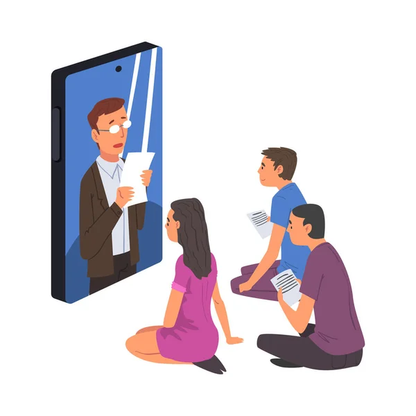 Group of People Taking with Colleague via the Internet, Videoconferencing and Online Meeting Workspace, Online Consulting Vector Illustration — стоковий вектор