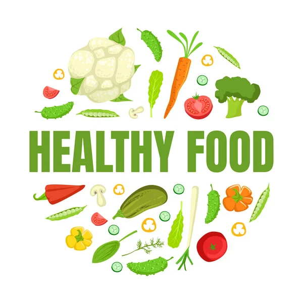 Gesundes Essen Banner-Vorlage mit Bio-Gemüse von runder Form, Öko-Vegetarier Ernährung Vektorillustration — Stockvektor
