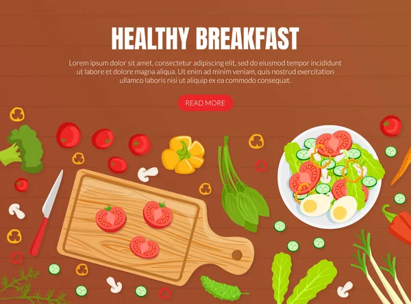 Υγιές πρωινό Προσγείωση Πρότυπο σελίδας, Top View της σαλάτας με λαχανικά σε ξύλινη επιφάνεια Web Page, Αρχική σελίδα Διάνυσμα Εικονογράφηση — Διανυσματικό Αρχείο