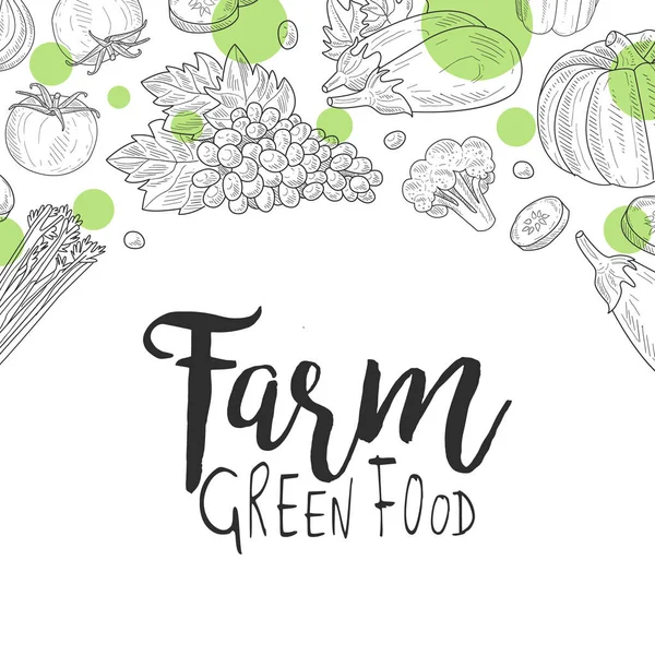 Farm Green Food Banner šablona, může být použit pro ekologické potraviny Store, Vegan produkty, Farm Market, Restaurace Menu ručně kreslené vektorové ilustrace — Stockový vektor