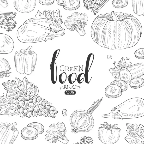 Πράσινο Food Market Banner πρότυπο, μπορεί να χρησιμοποιηθεί για Βιολογικά Τρόφιμα Κατάστημα, Vegan Προϊόντα, Αγορά Αγρότη, Εστιατόριο Menu χέρι Σχεδιασμένο Εικονογράφηση διάνυσμα — Διανυσματικό Αρχείο