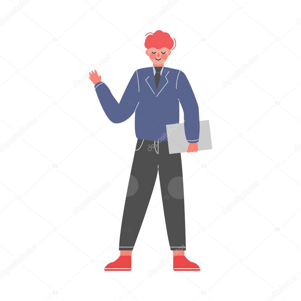 Male Business Character Standing with Paper Document in his Hands, Office Worker Employee Vector Illustration