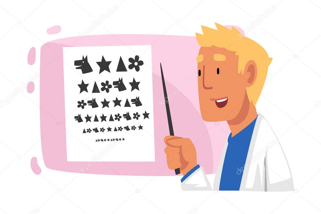 Ophthalmologist Doctor Doing Eyesight Test, Ophthalmology Diagnostics, Medical Treatment and Healthcare Cartoon Vector Illustration