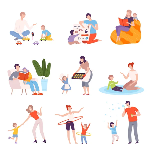 Eltern und Kinder verbringen die Zeit gemeinsam zu Hause, Väter und Mütter spielen, lesen, kochen und treiben mit ihren Kindern Sport. — Stockvektor
