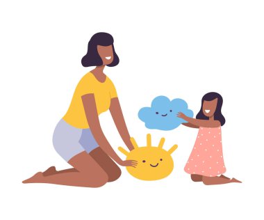 Anne, Küçük Kızı, Ebeveynleri ve Çocuğu ile Ev Düz Tarzı Vektör İllüzyonunda Birlikte Zaman Geçiriyorlar