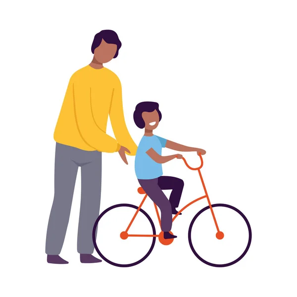 Pai ensinando seu filho a andar de bicicleta, pai e filho passar tempo juntos ilustração vetorial de estilo plano —  Vetores de Stock