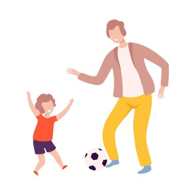 Baba ve Oğul Topla Futbol Oynuyor, Baba ve Çocuk Spor Yapıyor Düz Stil Vektör İllüzyonu