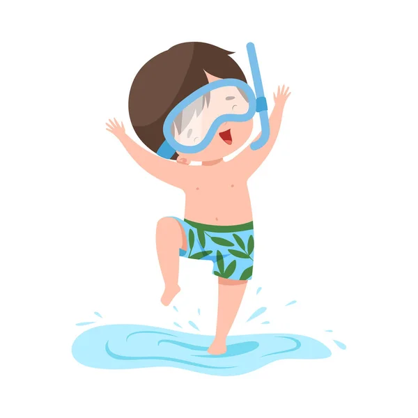 潜水面具中可爱的男孩跳水、孩子们的暑期活动、假日在海滩上玩乐的可爱孩子、卡通画病媒图解 — 图库矢量图片