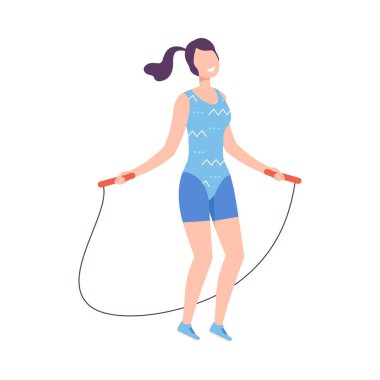 Jump Rope ile Atlayan Genç Kadın, Spor Yapan Spor Kulübü, Spor Salonu veya Evde Kız Aktif Sağlıklı Yaşam Tarzı Düz Şekil İllüstrasyonu