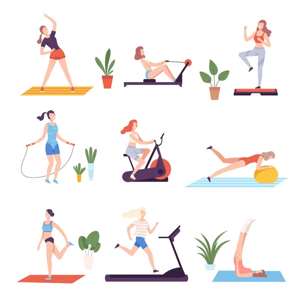 Meninas que fazem esportes com equipamentos esportivos no Fitness Club, Ginásio ou Home Set, Active Healthy Lifestyle Flat Style Vector Ilustração — Vetor de Stock