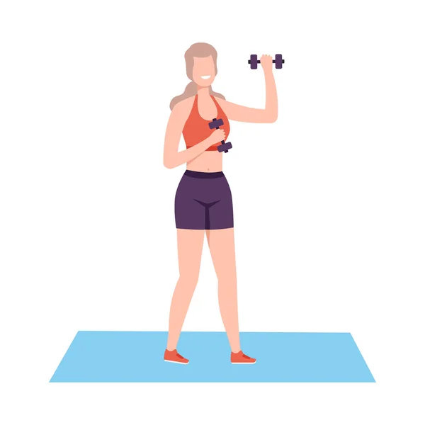 Mujer joven haciendo ejercicio con sombrillas, Chica haciendo deportes en el gimnasio, gimnasio o en el hogar, estilo de vida saludable activo Estilo plano Vector Ilustración — Archivo Imágenes Vectoriales