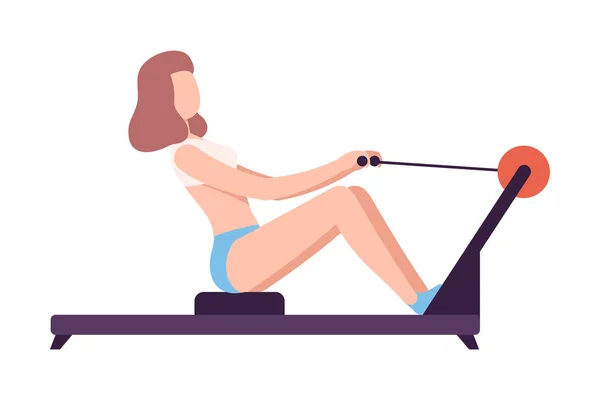 Mujer joven en ropa deportiva haciendo fila de cable sentada, chica haciendo deportes en el gimnasio, gimnasio o en el hogar, estilo de vida saludable activo Estilo plano Vector Ilustración — Vector de stock