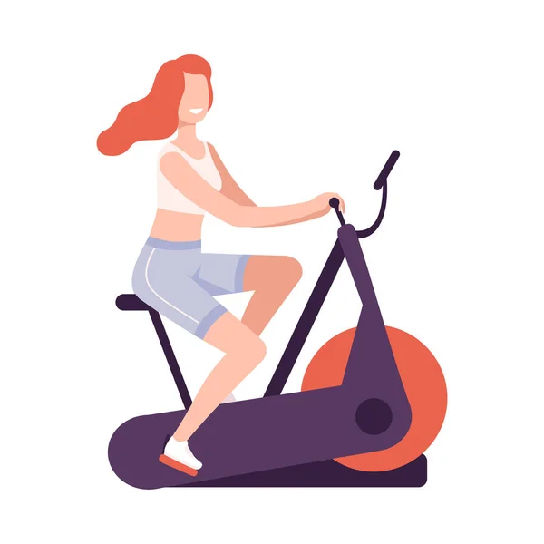 Entrenamiento de mujeres jóvenes en bicicleta de ejercicio, Chica haciendo deportes en el gimnasio, gimnasio o en el hogar, estilo de vida saludable activo Estilo plano Vector Ilustración — Archivo Imágenes Vectoriales