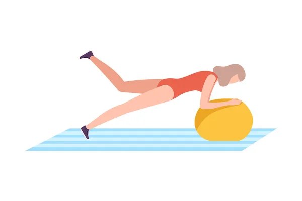 Fiatal nő sportruházat Plank Gyakorlat Fitball, Lány csinál Sport Fitness Club, Gym vagy otthon, Aktív egészséges életmód Flat Style Vector Illusztráció — Stock Vector
