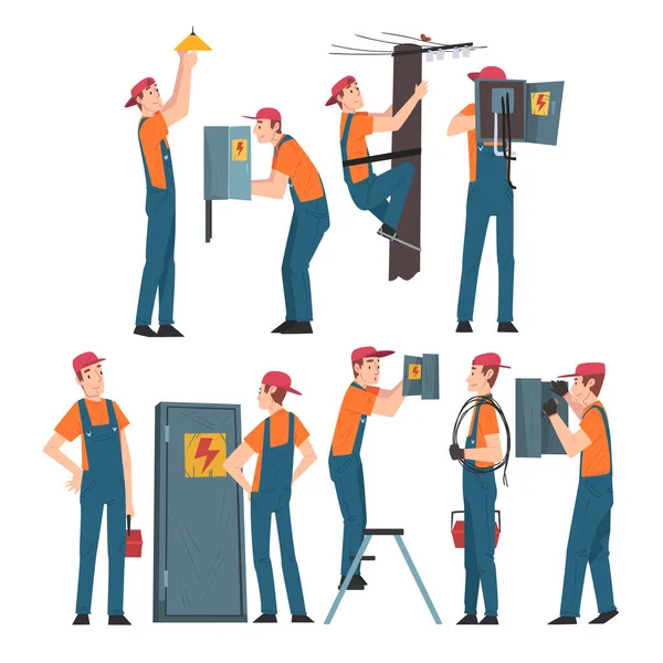 Elektrotechnici Opravy a provoz elektrických zařízení, Údržba elektrické energie Profesionální servisní pracovníci Znaky v uniformních karikaturách Vektorové ilustrace — Stockový vektor