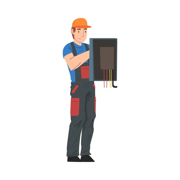 Engenheiro Eletricista Masculino Reparando Painel de Controle, Caráter de Trabalhador de Serviço de Manutenção de Eletricidade em Uniforme e Boné Desenhos Animados Estilo Vetor Ilustração —  Vetores de Stock