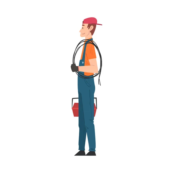 Ingegnere elettricista maschio, personaggio operaio professionista in uniforme con cavo e Toolbox stile cartone animato illustrazione vettoriale — Vettoriale Stock