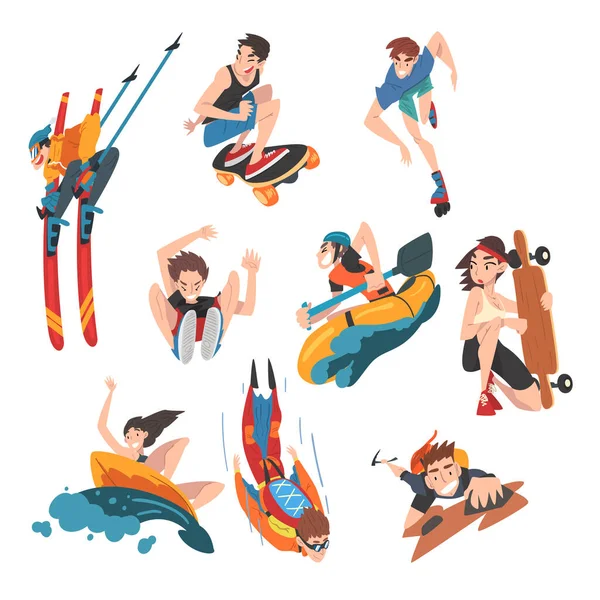 Set de Deportes Extremos, Snowboard, Surf,, Skateboarding, Paracaidismo, Montañismo, Paracaidismo, Pasatiempos y Actividades Recreativas Cartoon Style Vector Illustration — Vector de stock