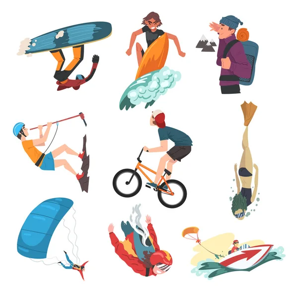 Extreme Sports Set, Snowboarding, Surfing, Turystyka, Nurkowanie, Deskorolka, Roller Skating, Hobby i zajęcia rekreacyjne Ilustracja wektor stylu kreskówek — Wektor stockowy