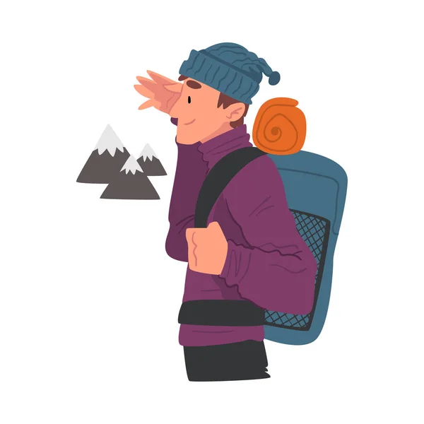 Mladý muž cestuje s batohem, Muž cestovatel při pohledu do vzdálenosti, Extrémní Hobby nebo Sport, Cestovní ruch a rekreační aktivity karikatura styl Vektorové ilustrace — Stockový vektor