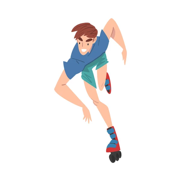Boy Riding em patins de rolo, extrema Hobby ou esporte Cartoon Style Vector Ilustração —  Vetores de Stock