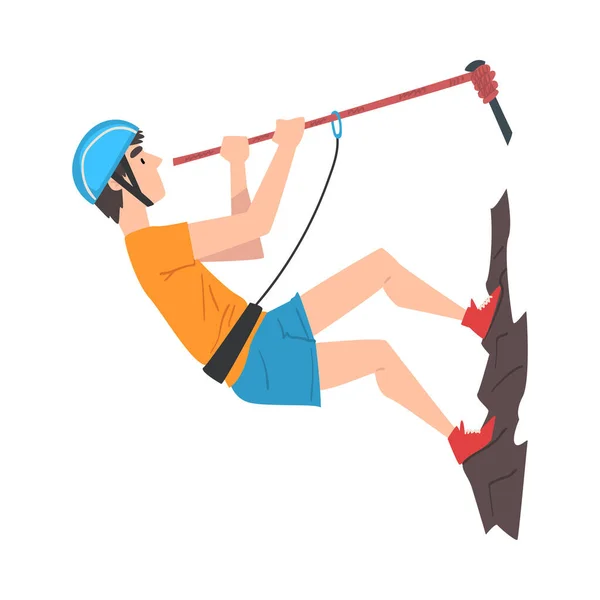 带绳索、极乐世界或运动卡通风格的保护头盔爬山的登山者 — 图库矢量图片
