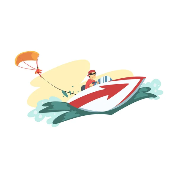 Man Parariving with Parachute Behind Motor Boat, Extreme Hobby or Sport, Tourism and Recreational Activity Cartoon Style Vector Illustration — 스톡 벡터