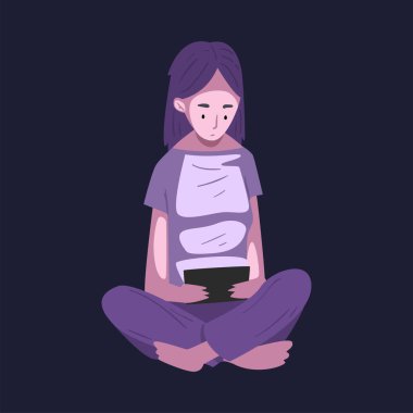 Gece Tabletle Oturan Kız, Çevrimiçi Video Oyunu Oynamak İçin Dijital Gadget Kullanan Kişi veya Sosyal Ağ Vektörü Resimlerinde Sohbet