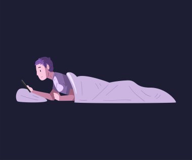 Yatakta Akıllı Telefonla Yatan Adam Gece Vektörü İllüstrasyonunda Dijital Gadget Kullanıyor