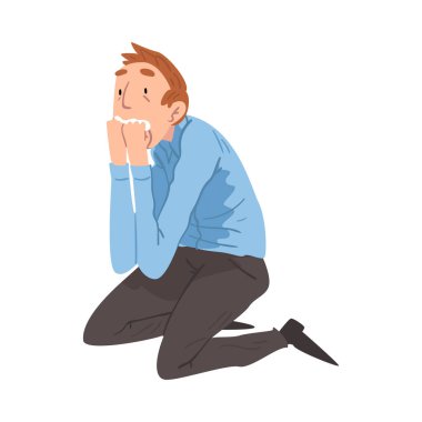 Korkmuş Genç Adam Dizlerinin üstünde Elleri Yüzünde, Endişeli, Panik Atak, Stresli veya Depresyonlu Sinir Kişisi İllüstrasyonu