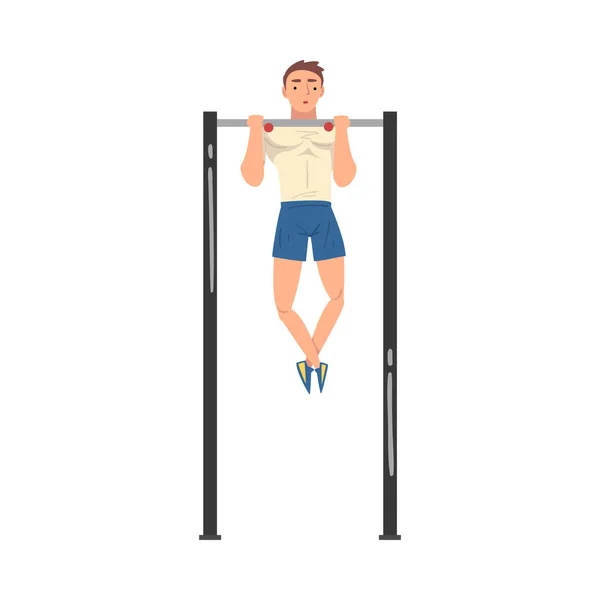 Ung Sportsman gör pull-ups i Gym Vector Illustration — Stock vektor