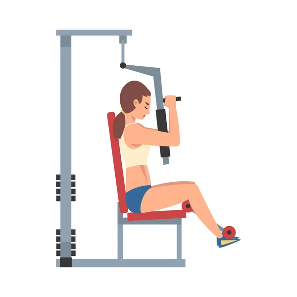 Entrenamiento de mujer con máquina de gimnasio Vector Ilustración — Vector de stock