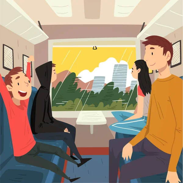 Lidé cestující vlakem, muži a ženy sedící v osobní železniční dopravě, vlakové vnitřní vektorové ilustrace — Stockový vektor