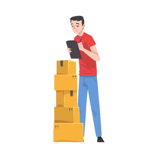 Uomo che controlla le scatole di cartone che prepara le merci per la spedizione, ragazzo che lavora con pacchi nell'illustrazione del vettore del fumetto del magazzino — Vettoriale Stock