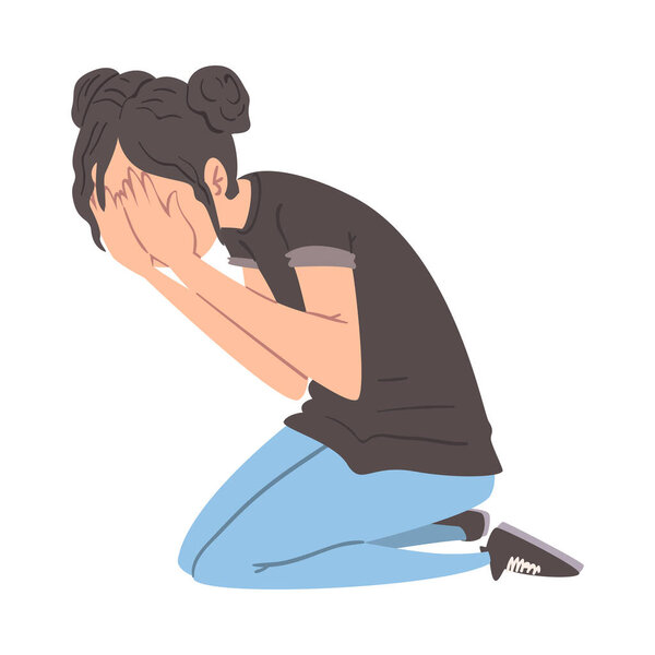 Паникующий мужчина, сидящий на полу на коленях, закрывая лицо руками, тревогой или панической атакой, напряженной или депрессивной иллюстрацией вектора нервного человека
