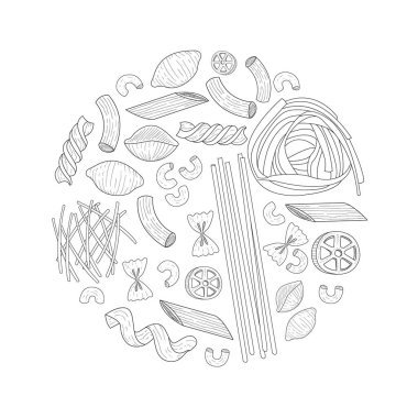 Italian Pasta of Circular Shape, Traditional Cuisine Dish, Food Menu, Restaurant, Cafe Flyer, Card, Business Promote Hand Drawn Vector Illustration clipart