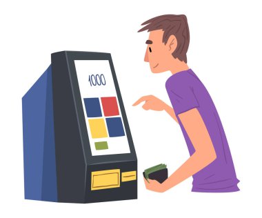 Beyaz Arkaplan Üzerine Modern Elektronik Özservis Terminal Vektör Resimlerini Kullanan Adam