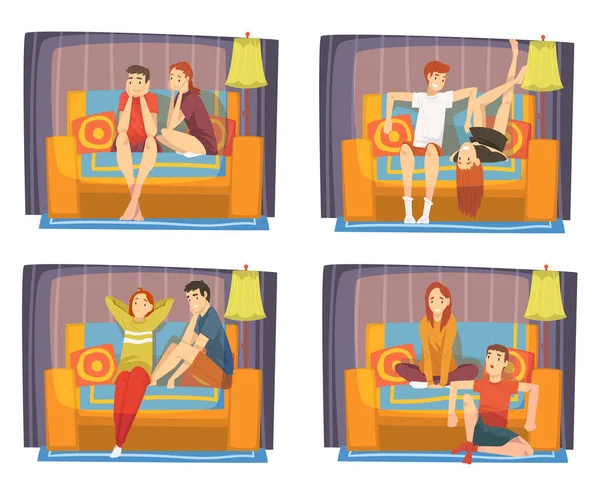 Casais entediados sentados em conjuntos de sofás aconchegantes, personagens masculinos e femininos passando tempo juntos em casa, família ficando juntos ilustração vetorial — Vetor de Stock