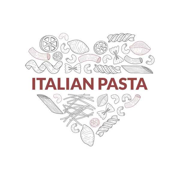 Italian Pasta of Heart Shape, Traditional Cuisine Dish, Food Menu, Restaurant, Cafe Banner, Flyer, Card, Business Promote Hand Drawn Vector Illustration — Stock Vector