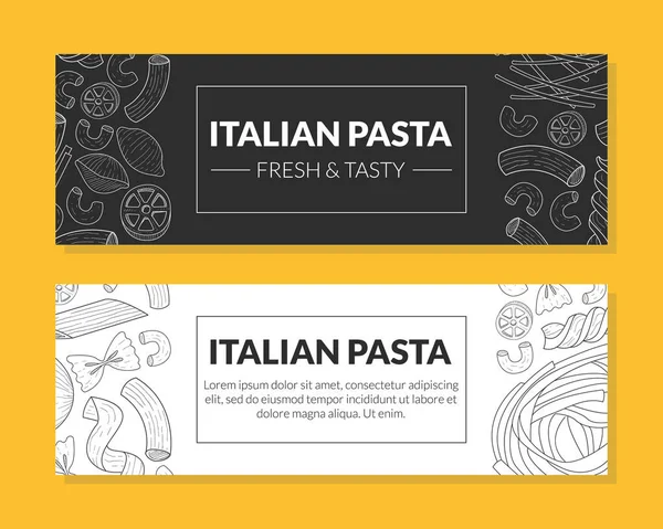 Set di modelli di pasta fresca e saporita, Modello di prodotti della cucina tradizionale, Menù per alimenti, Ristorante, Elemento di design del caffè, Landing Page, Volantino, Scheda, Illustrazione vettoriale disegnata a mano — Vettoriale Stock