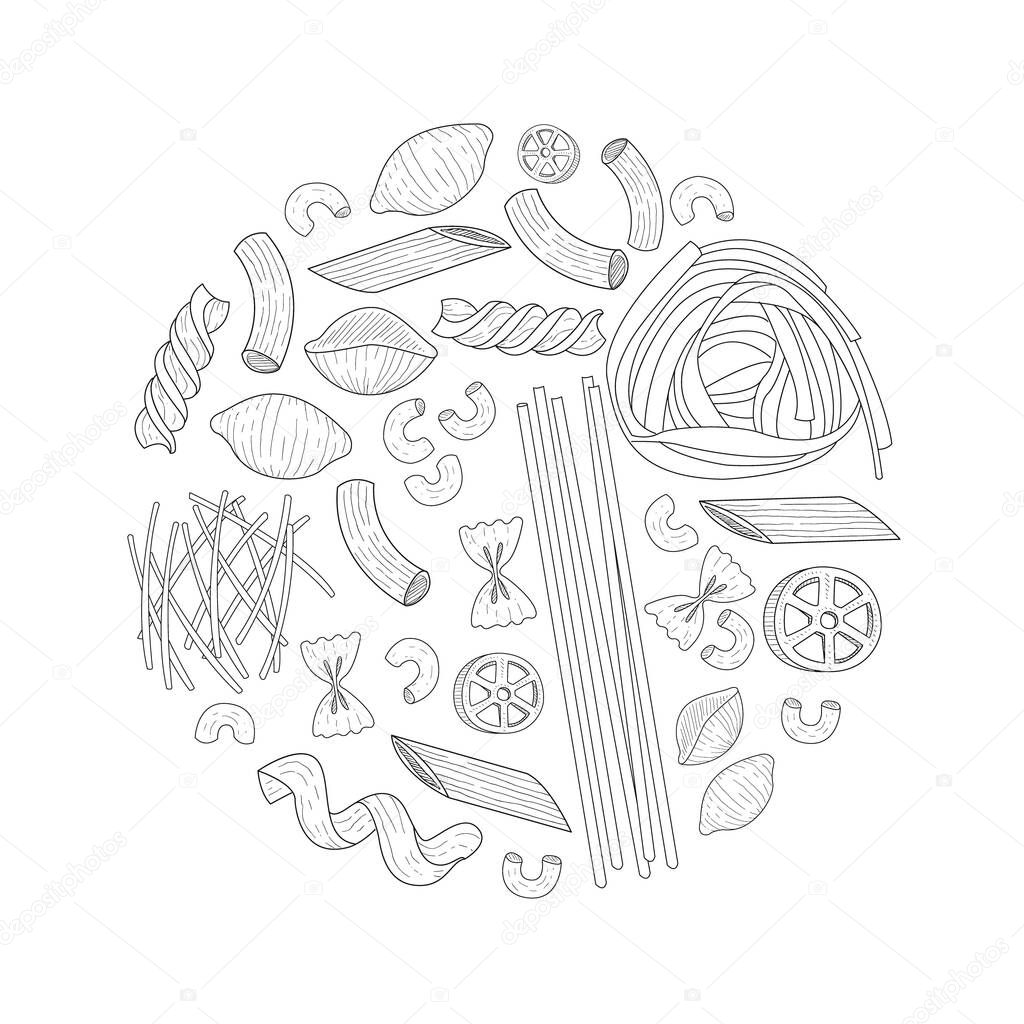 Italian Pasta of Circular Shape, Traditional Cuisine Dish, Food Menu, Restaurant, Cafe Flyer, Card, Business Promote Hand Drawn Vector Illustration