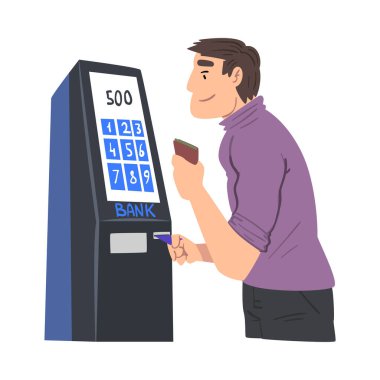 Genç Adam Modern Elektronik Benlik Hizmetleri Kullanıyor Beyaz Arka Gruplaşmada Terminal Vektör Resimleri