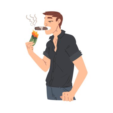 Beyaz Arkaplanda Dolarlık Fatura Vektör İllüstrasyonlu Zengin Genç Adam Puro Yakıyor