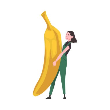 Büyük Muz Taşıyan Kız, Doğal Tropikal Meyve Vektörü İllüstrasyonlu Kadın Çiftçi Karakteri
