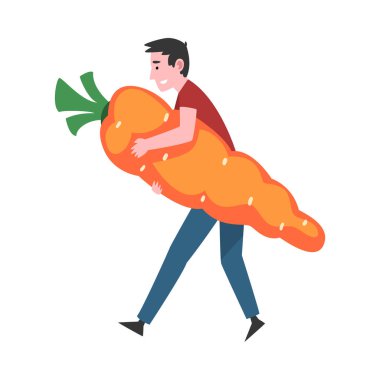 Büyük Havuç Taşıyan Genç Adam, Doğal Organik Sebze İllüstrasyonlu Erkek Çiftçi Karakteri