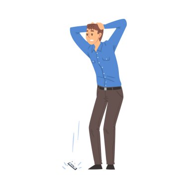 Akıllı Telefonunu Düşüren Genç Adam, Paniklemiş Adam Kafasını Elleri Çizgi Film Stili Vektör İllüstrasyonuyla Tutuyor